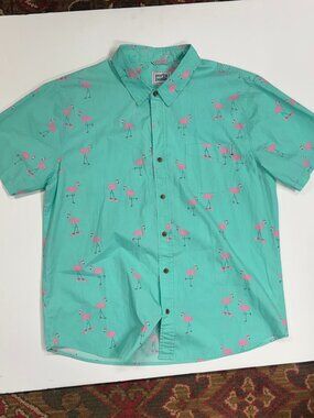 Party Pants Flamingo Button Up Shirt Mens XL Teal Pink Print